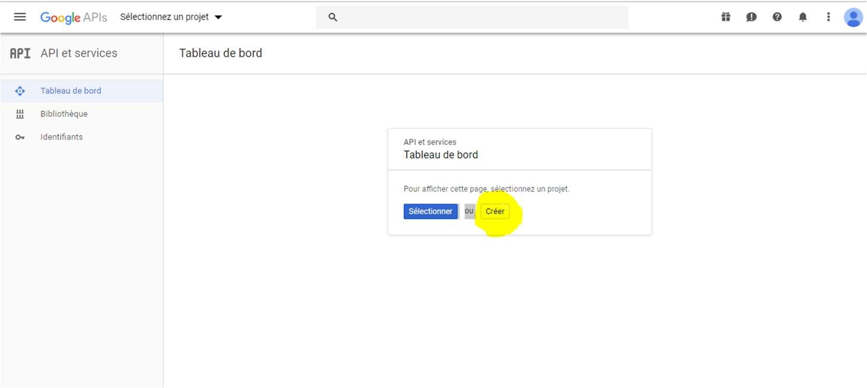 Créer un  nouveau projet dans l'API Google